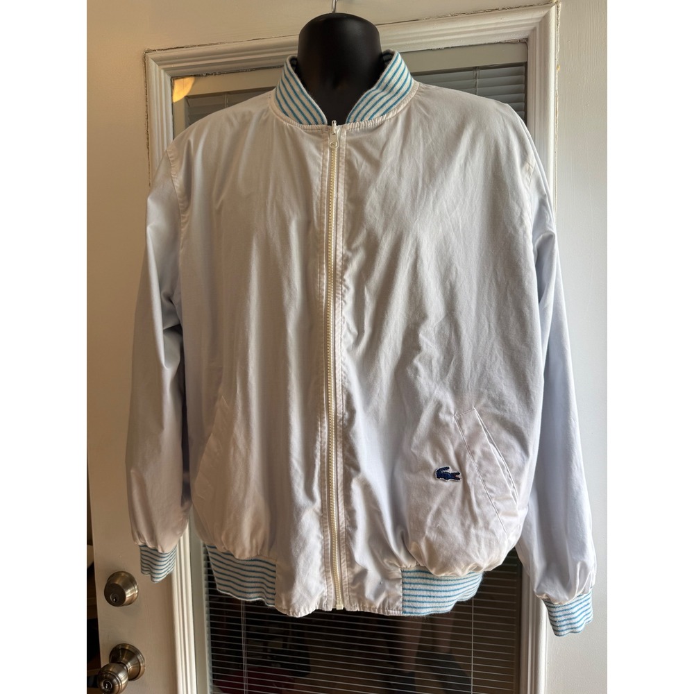 Lacoste Reversible Bomber Jacket Mens XL Blue White Striped Trim Full Zip Coat